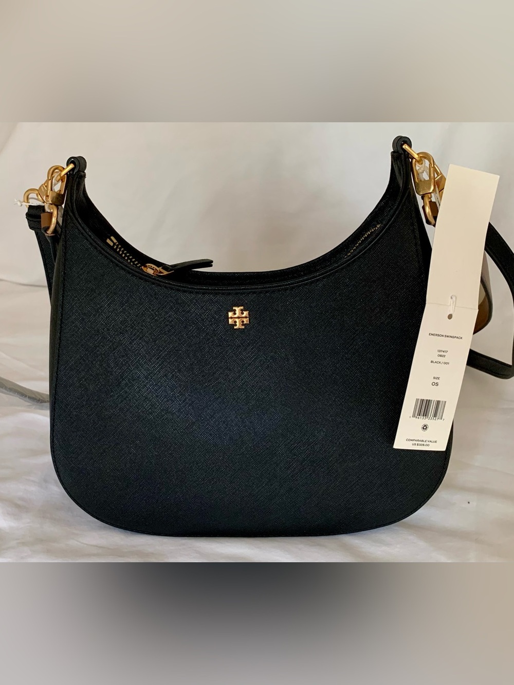 Tory Burch Black Saffiano Leather Emerson Swingpack Crossbody Bag.
NWT